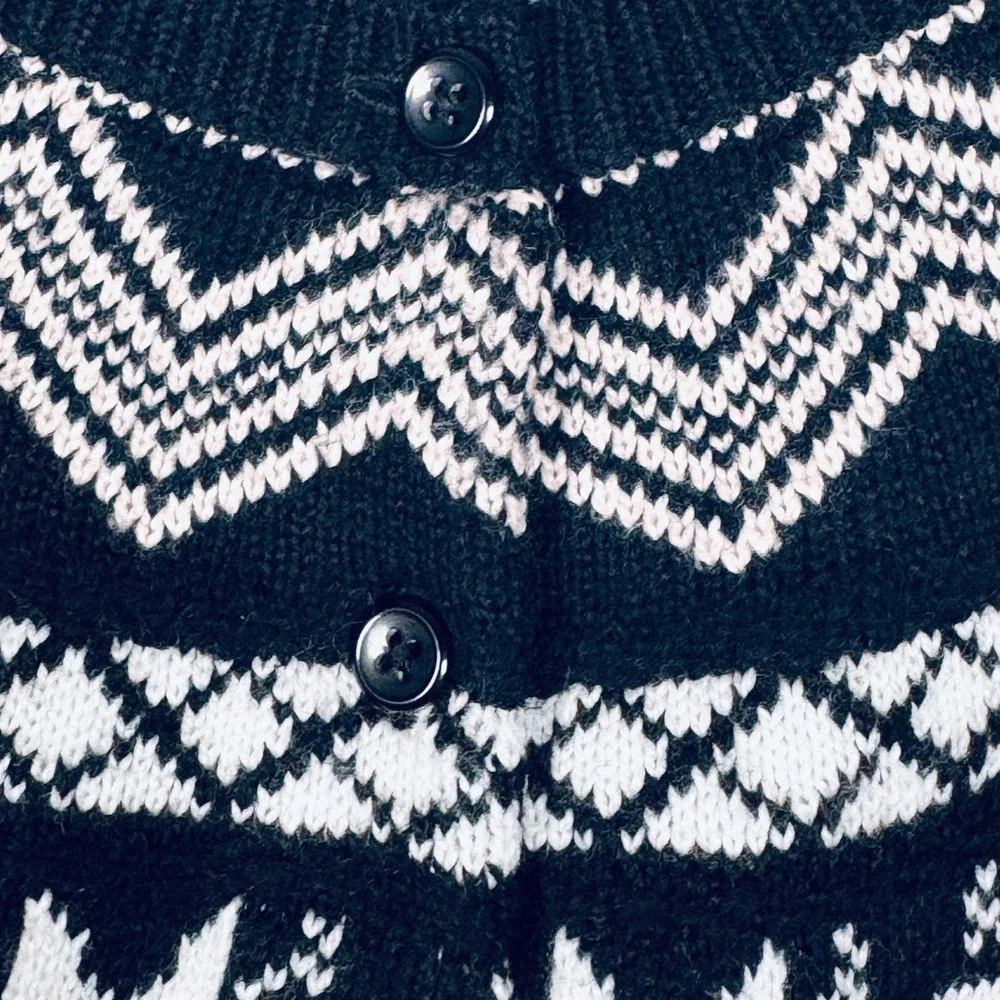 Talbots Cardigan Sweater Womens Large Black White Fair Isle Nordic Button Front‎